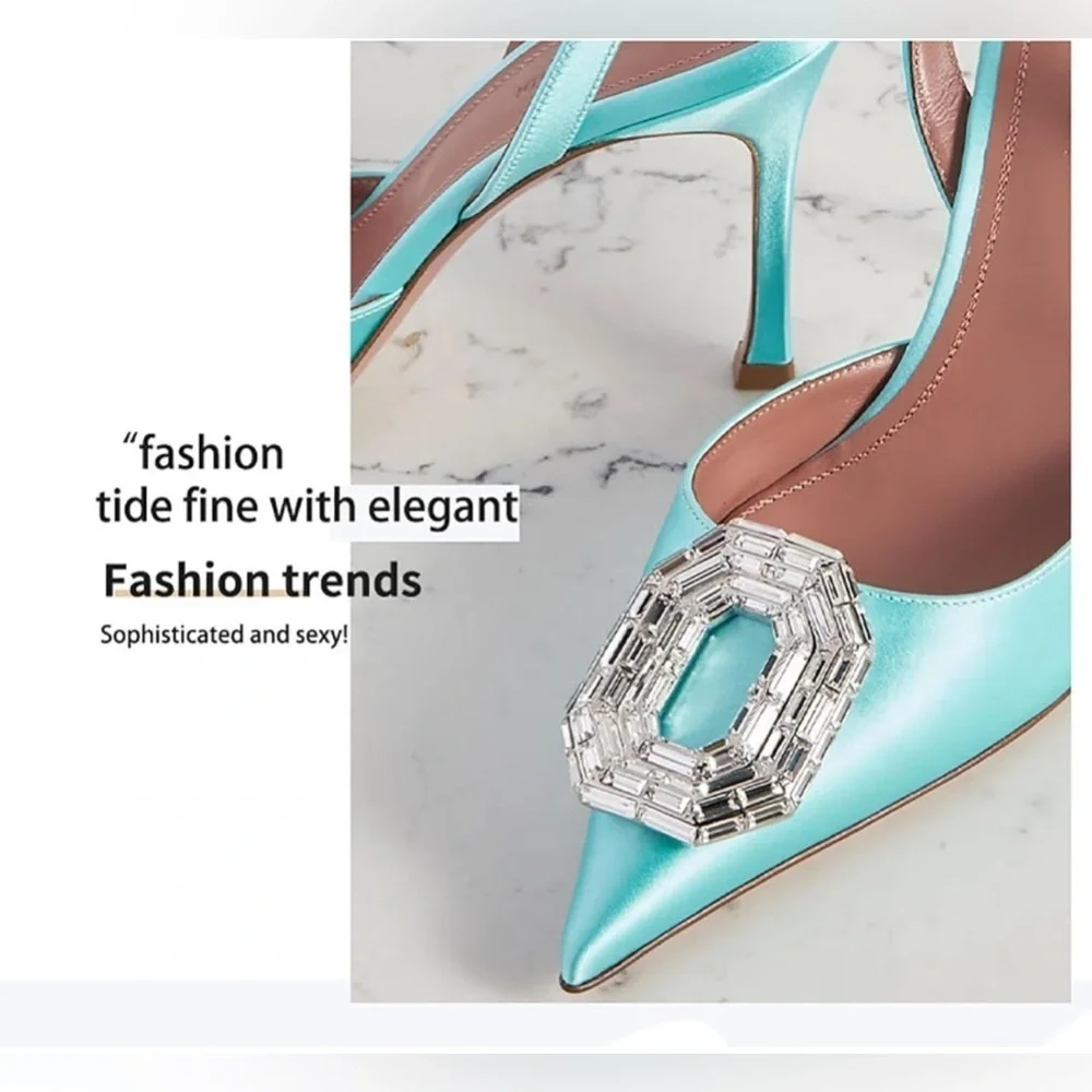 Women's Pointed Toe Slingback Heels w/ Large Rhinestone Pendant, Pink 9